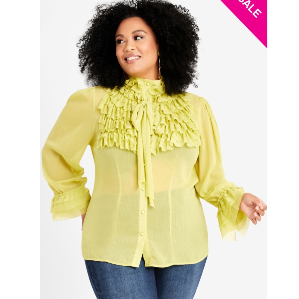 Ashley Stewart RUFFLE TIE NECK BUTTON UP TOP- Green Oasis- Size 18- Worn ONCE